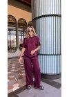 Kadın Kısa Kollu Bisiklet Yaka Omuzdan Düğmeli Viskon Iki Iplik Kısa Bluz Ve Pantolon Ikili Takım