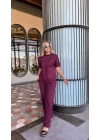 Kadın Kısa Kollu Bisiklet Yaka Omuzdan Düğmeli Viskon Iki Iplik Kısa Bluz Ve Pantolon Ikili Takım