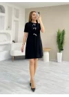Kadın Kısa Kollu Bisiklet Yaka önden Fiyonk Detaylı Ithal Krep Elbise