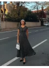 Kadın Kısa Kollu Bisiklet Yaka Puantiyeli Maksi örme Krep Elbise