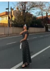Kadın Kısa Kollu Bisiklet Yaka Puantiyeli Maksi örme Krep Elbise