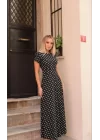 Kadın Kısa Kollu Bisiklet Yaka Puantiyeli Maksi örme Krep Elbise
