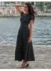 Kadın Kısa Kollu Bisiklet Yaka Puantiyeli Maksi örme Krep Elbise
