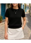 Kadın Kısa Kollu Bisiklet Yaka Triko Bluz