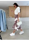 Kadın Kısa Kollu Bisiklet Yaka Viskon Bluz Ve Desenli Süprem Etek Ikili Takım