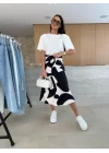 Kadın Kısa Kollu Bisiklet Yaka Viskon Bluz Ve Desenli Süprem Etek Ikili Takım