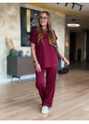 Kadın Kısa Kollu Bisiklet Yaka Viskon Iki Iplik Bluz Ve Pantolon Ikili Takım