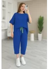 Kadın Kısa Kollu Bisiklet Yaka Viskon Iki Iplik Bluz Ve Pantolon Ikili Takım