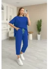 Kadın Kısa Kollu Bisiklet Yaka Viskon Iki Iplik Bluz Ve Pantolon Ikili Takım