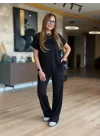 Kadın Kısa Kollu Bisiklet Yaka Viskon Iki Iplik Bluz Ve Pantolon Ikili Takım