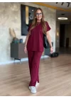 Kadın Kısa Kollu Bisiklet Yaka Viskon Iki Iplik Bluz Ve Pantolon Ikili Takım