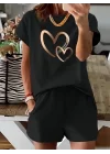 Kadın Kısa Kollu Bisiklet Yaka Viskon Iki Iplik Bluz Ve Short Ikili Takım