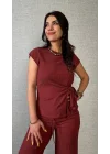 Kadın Kısa Kollu Bisiklet Yaka Yandan Bağlamalı Bürümcük Bluz Ve Pantolon Ikili Takım