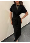 Kadın Kısa Kollu Bisiklet Yaka Yandan Bağlamalı Viskon Iki Iplik Elbise