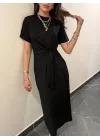 Kadın Kısa Kollu Bisiklet Yaka Yandan Bağlamalı Viskon Iki Iplik Elbise