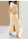 Kadın Kısa Kollu Bisiklet Yaka Yandan Yırtmaçlı Viskon Elbise