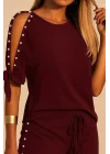 Kadın Kısa Kollu Bisiklet Yaka Yarı Açık Omuz Inci Detaylı Short T-shirt Viskon Ikili Takım