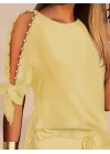 Kadın Kısa Kollu Bisiklet Yaka Yarı Açık Omuz Inci Detaylı Short T-shirt Viskon Ikili Takım