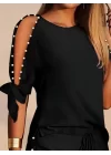 Kadın Kısa Kollu Bisiklet Yaka Yarı Açık Omuz Inci Detaylı Short T-shirt Viskon Ikili Takım