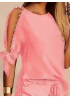 Kadın Kısa Kollu Bisiklet Yaka Yarı Açık Omuz Inci Detaylı Short T-shirt Viskon Ikili Takım