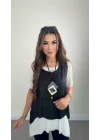 Kadın Kısa Kollu Bisiklet Yaka Yelek Bluz Asimetrik Kesim İkili Takım