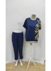 Kadın Kısa Kollu Bisiklet Yaka Zebra Desen Bluz Ve Pantolon Ikili Takım