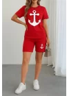 Kadın Kısa Kollu çapa Baskılı Viskon Ikili Takım