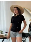 Kadın Kısa Kollu Degaje Yaka Düğme Detay Viskon Bluz