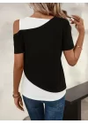 Kadın Kısa Kollu Geometrik Kesin Detaylı çift Renkli Viskon Bluz