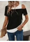 Kadın Kısa Kollu Geometrik Kesin Detaylı çift Renkli Viskon Bluz