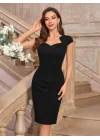 Kadın Kısa Kollu Kalp Yaka Drape Detay Ithal Krep Elbise