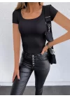 Kadın Kısa Kollu Kare Yaka Basic Kaşkorse Bluz