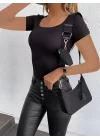 Kadın Kısa Kollu Kare Yaka Basic Kaşkorse Bluz