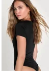 Kadın Siyah Kare Yaka Kısa Kollu Tanga Kesim İpek Jarse Kumaş Bodysuit