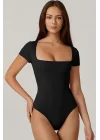 Kadın Siyah Çift Katlı Sandy Kumaş Kare Yaka Kısa Kol Çıtçıtlı Tanga Bodysuit