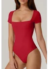 Kadın Kırmızı Çift Katlı Sandy Kumaş Kare Yaka Kısa Kol Çıtçıtlı Tanga Bodysuit