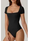 Kadın Siyah Çift Katlı Sandy Kumaş Kare Yaka Kısa Kol Çıtçıtlı Tanga Bodysuit