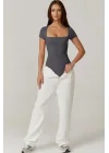 Kadın Kısa Kollu Kare Yaka Çift Kat İpek Jarse Bodysuit K34