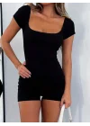 Kadın Kısa Kollu Kare Yaka Mini Bodycon Dalgıç Tulum