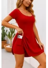 Kadın Kısa Kollu Kare Yaka Short Detaylı Cepli Dalgıç Elbise