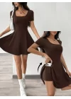 Kadın Kısa Kollu Kare Yaka Short Detaylı Cepli Dalgıç Elbise