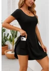 Kadın Kısa Kollu Kare Yaka Short Detaylı Cepli Dalgıç Elbise