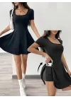 Kadın Kısa Kollu Kare Yaka Short Detaylı Cepli Dalgıç Elbise
