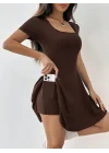 Kadın Kısa Kollu Kare Yaka Short Detaylı Cepli Dalgıç Elbise