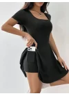 Kadın Kısa Kollu Kare Yaka Short Detaylı Cepli Dalgıç Elbise