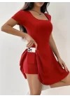 Kadın Kısa Kollu Kare Yaka Short Detaylı Cepli Dalgıç Elbise