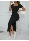 Kadın Kısa Kollu Kare Yaka Yandan Yırtmaçlı Fitilli Kaşkorse Elbise