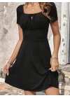 Kadın Kısa Kollu Kare Yakalı Bağcıklı Kaşkorse Elbise