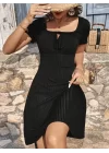 Kadın Kısa Kollu Kare Yakalı Bağcıklı Kaşkorse Elbise