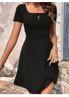 Kadın Kısa Kollu Kare Yakalı Bağcıklı Kaşkorse Elbise